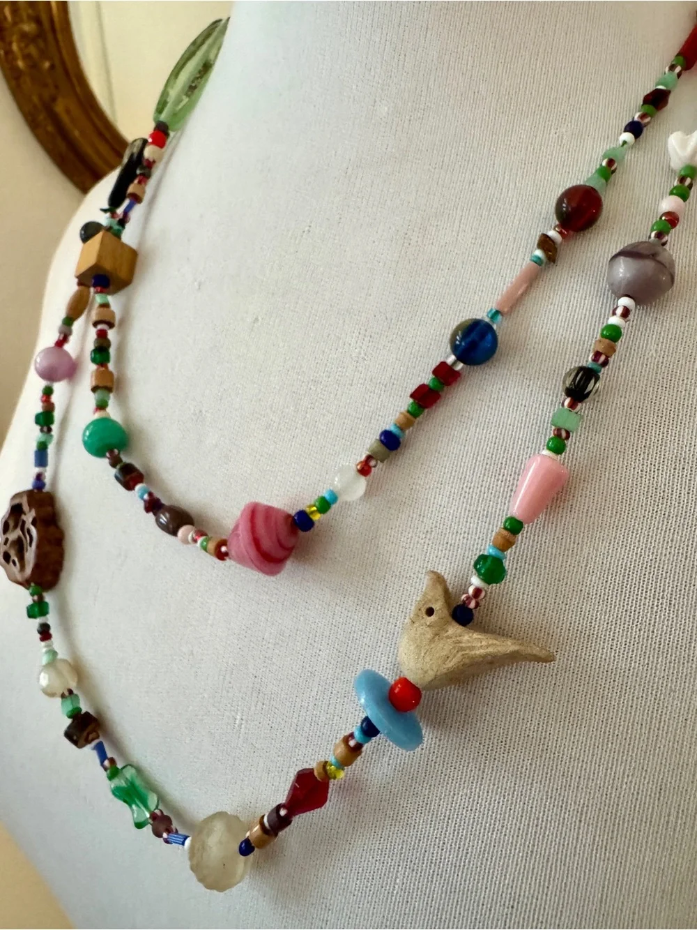 Vintage Artisan Collector Bead Necklace Handblown Glass Wood Clay Carved Bird Ex